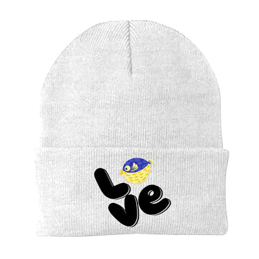 Love Fishing Blue Blowfish Globe Embroidered Beanie